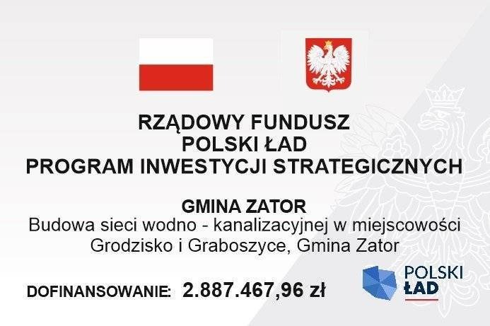 „Budowa sieci wodno - kanalizacyjnej w miejscowości Grodzisko i Graboszyce, Gmina Zator”Inwestycja dofinansowana z Rządowego Funduszu Polski Ład: Program Inwestycji Strategicznych
