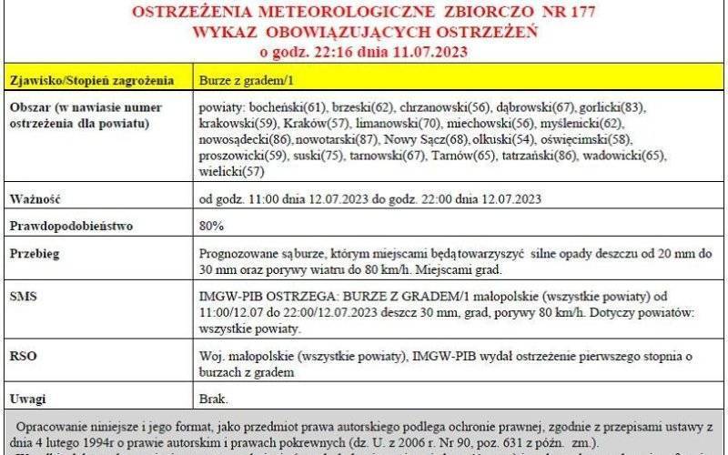 Ostrzeżenie meteorologiczne nr 177 - burze z gradem 1 stopni