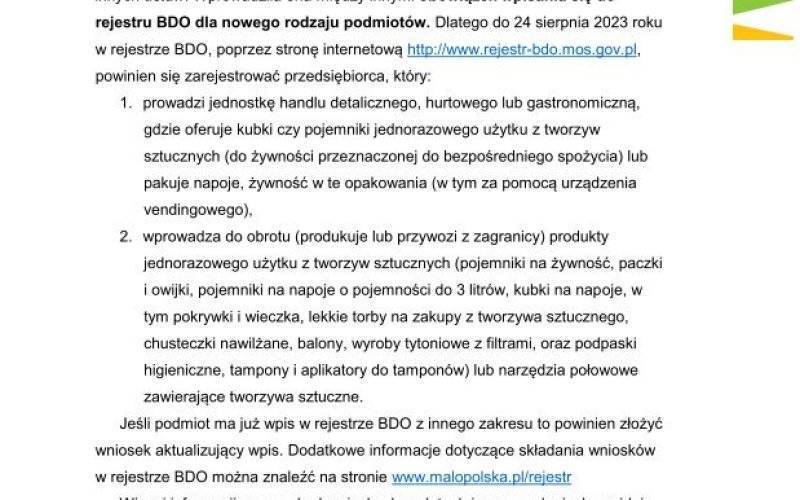 Informacja Departamentu Środowiska Urzędu Marszałkowskiego Województwa Małopolskiego