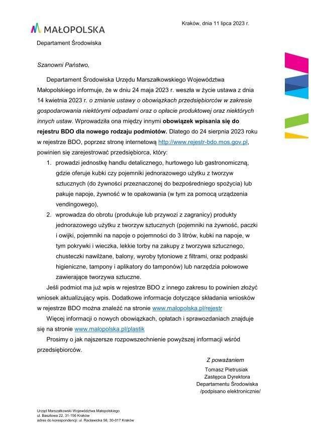 Informacja Departamentu Środowiska Urzędu Marszałkowskiego Województwa Małopolskiego