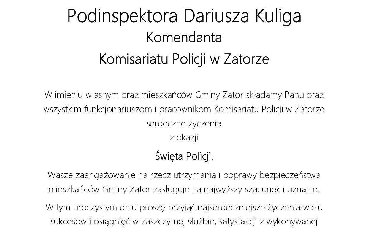 LIST GRATULACYJNY dla Podinspektora Dariusza Kuliga Komendanta Komisariatu Policji w Zatorze