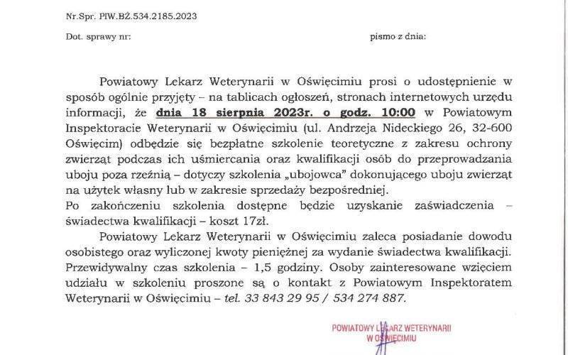 Informacja Powiatowego Lekarza Weterynarii w Oświęcimiu