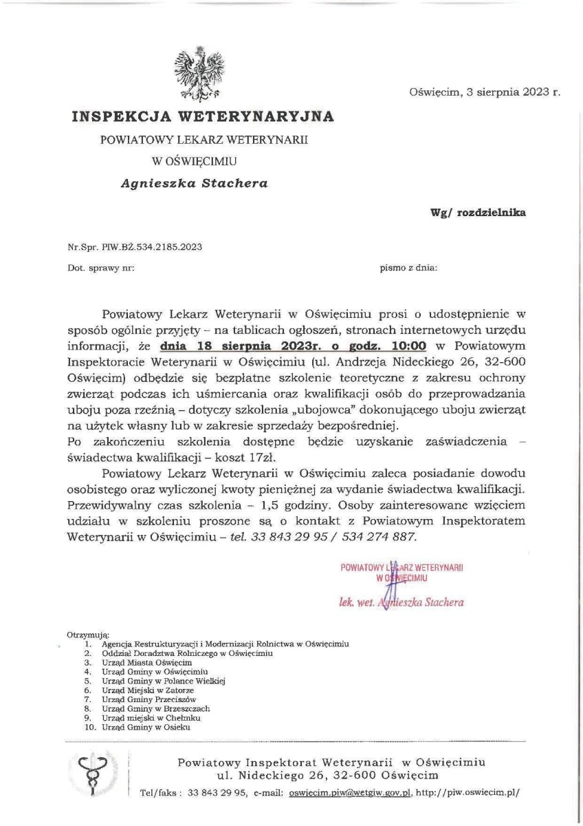Informacja Powiatowego Lekarza Weterynarii w Oświęcimiu