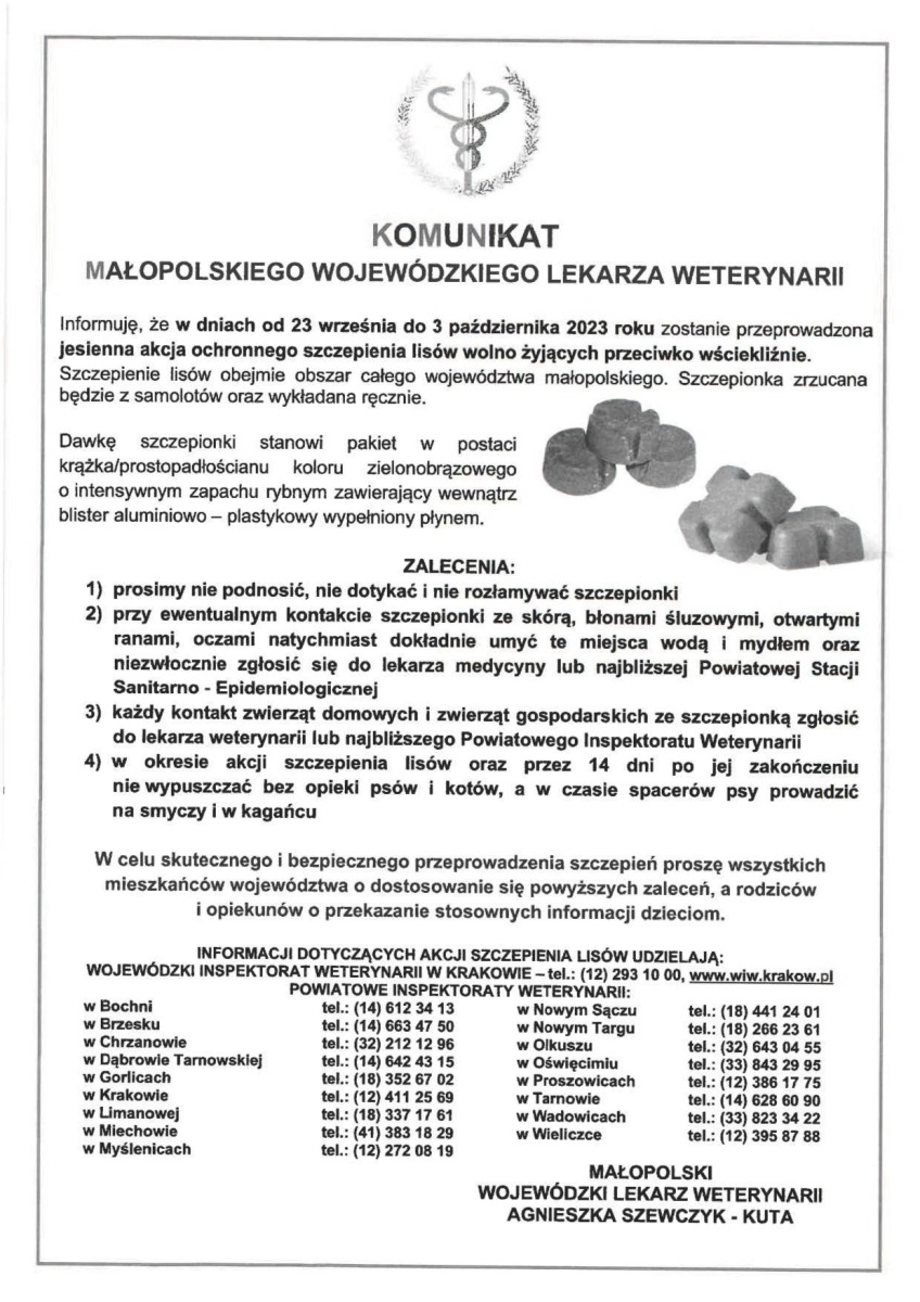 Jesienna akcja ochronnego szczepienia lisów przeciwko wściekliźnie w dniach od 23.09.2023 r. do 03.10.2023 r. - ZALECENIA