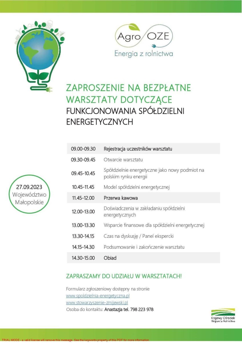 Bezpłatne warsztaty dotyczące funkcjonowania spółdzielni energetycznyc