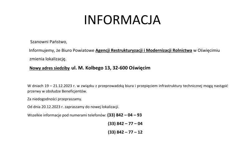 Informacja o zmianie adresu siedziby Biura Powiatowego ARiMR w Oświęcimiu oraz o działaniu jednostki w najbliższym czasie