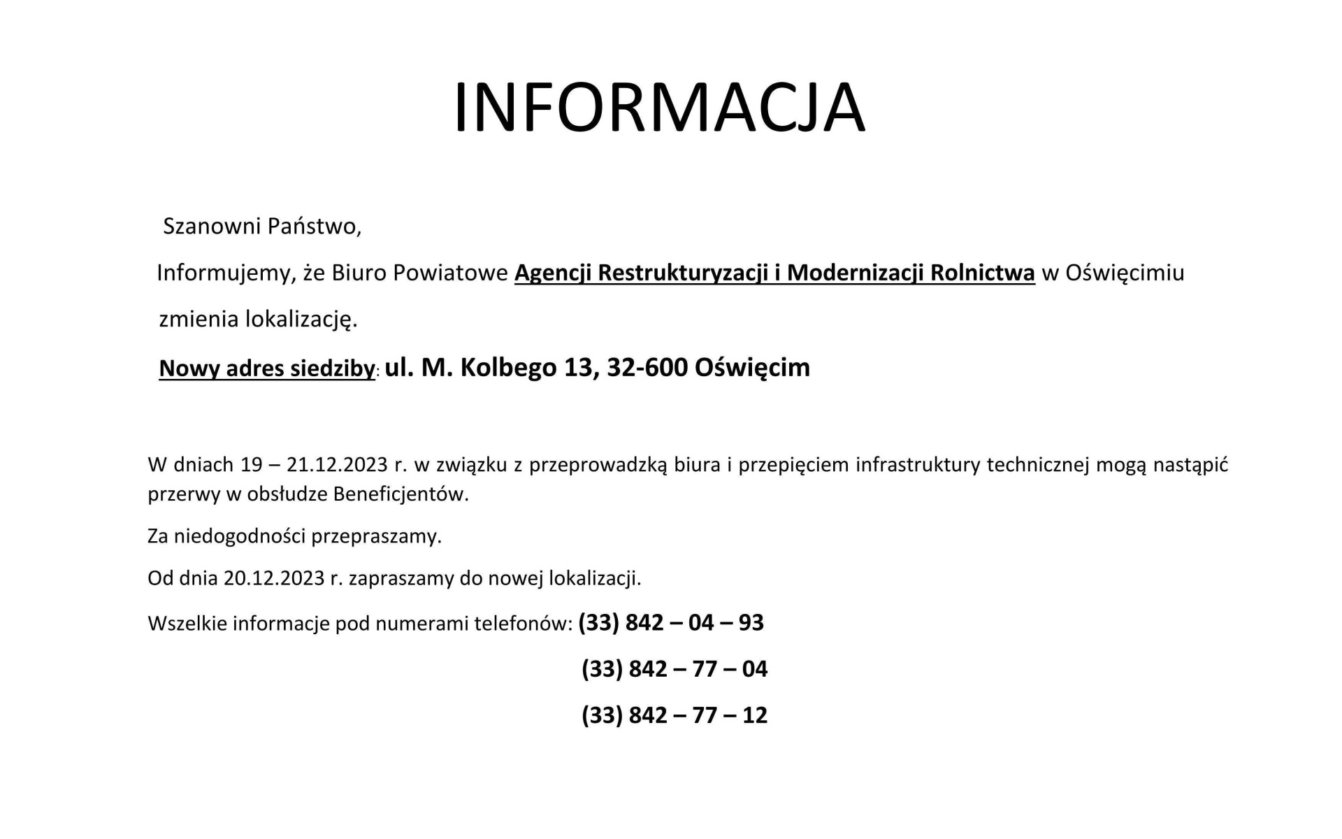 Informacja o zmianie adresu siedziby Biura Powiatowego ARiMR w Oświęcimiu oraz o działaniu jednostki w najbliższym czasie