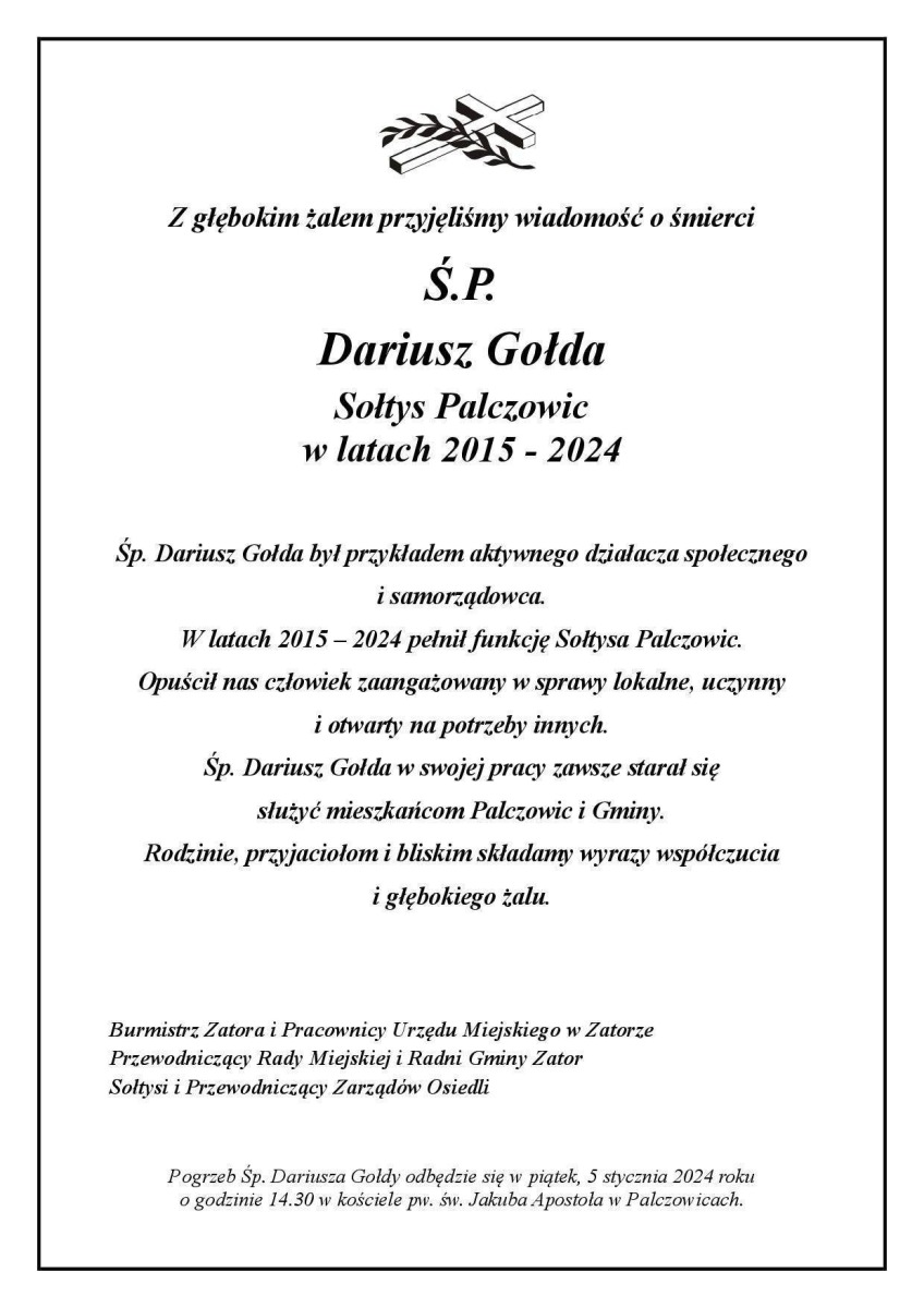 Z głębokim żalem przyjęliśmy wiadomość o śmierci Ś.P. Dariusz Gołdy
