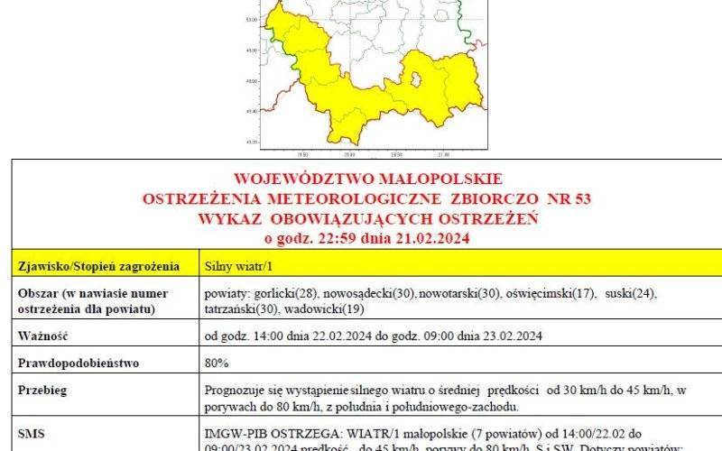 Ostrzeżenie meteorologiczne_nr53_Silny_Wiatr_1stopnia