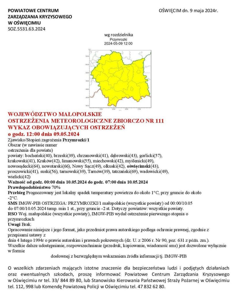 Ostrzeżenie meteorologiczne nr 111 Przymrozki 1