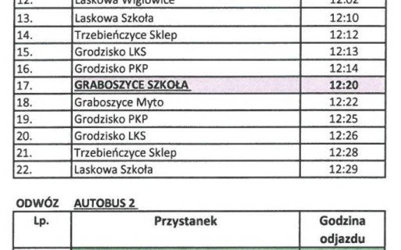 Rozkład jazdy autobusu szkolnego w dniu 21.06.2024r.