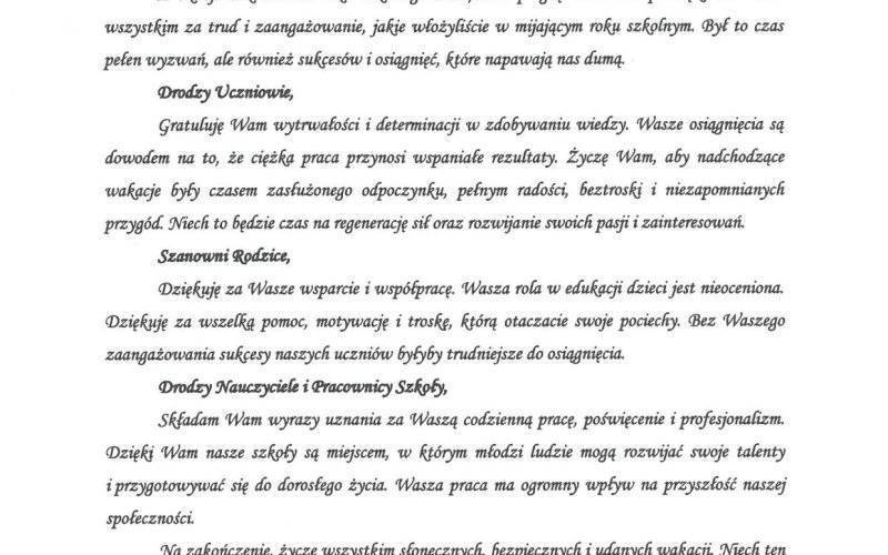 List Burmistrza Zatora z okazji zakończenia roku szkolnego