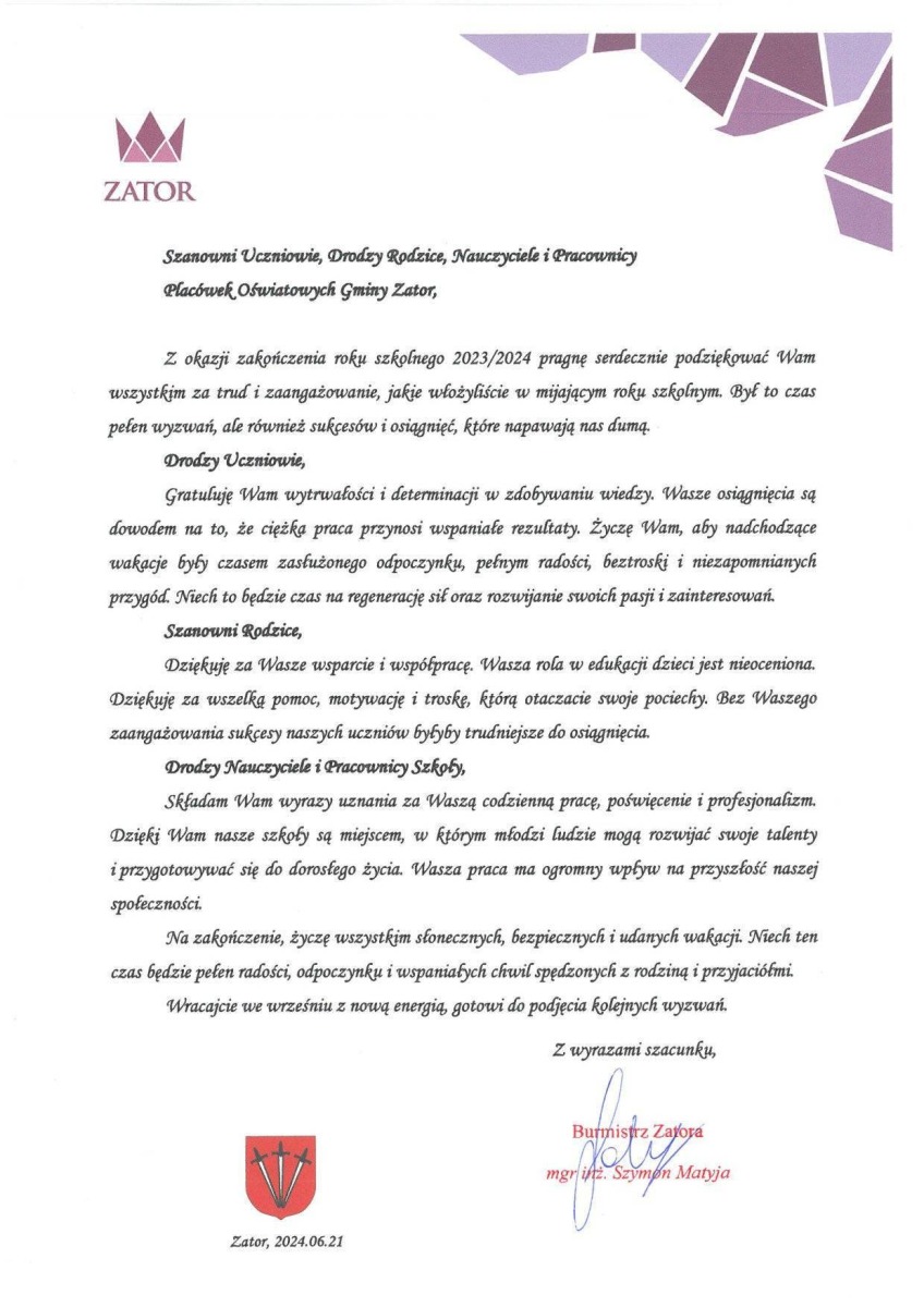 List Burmistrza Zatora z okazji zakończenia roku szkolnego