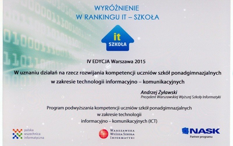 „Chemik” na I miejscu w programie IT Szkoła