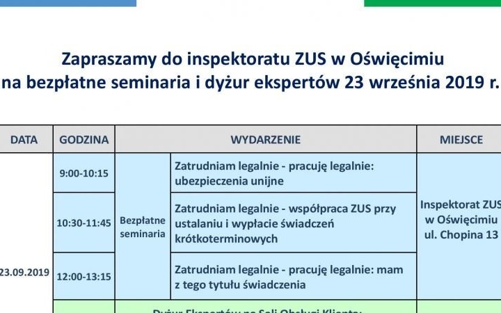 ZUS zaprasza na seminaria i dyżury specjalistów
