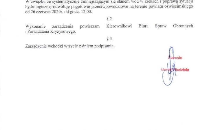 Starosta odwołał pogotowie przeciwpowodziowe w powiecie oświęcimskim