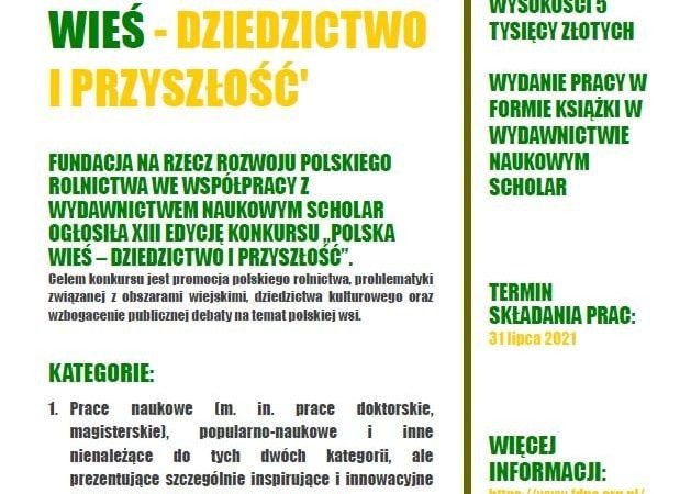 „Polska wieś – dziedzictwo i przyszłość”. Konkurs Fundacji na rzecz Rozwoju Polskiego Rolnictwa