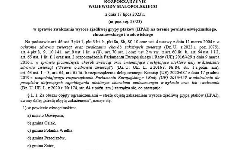 Rozporządzenie wojewody w sprawie ptasiej grypy na terenie naszego powiatu
