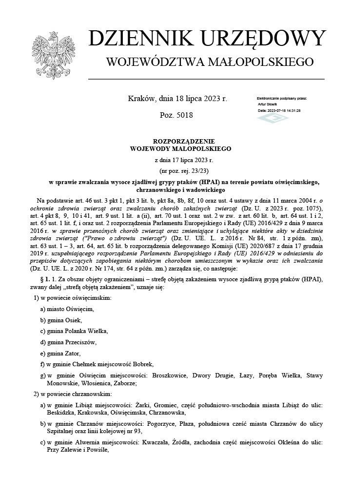 Rozporządzenie wojewody w sprawie ptasiej grypy na terenie naszego powiatu