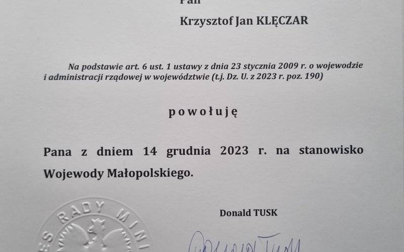 Burmistrz Kęt nowym Wojewodą Małopolskim