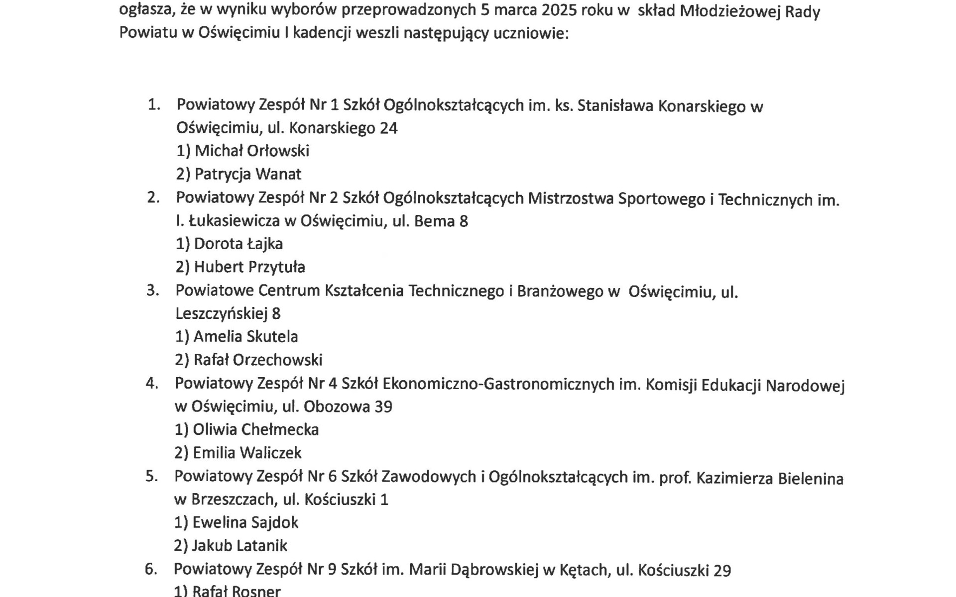 Tak wybraliście. Oto radni Młodzieżowej Rady Powiatu w Oświęcimiu