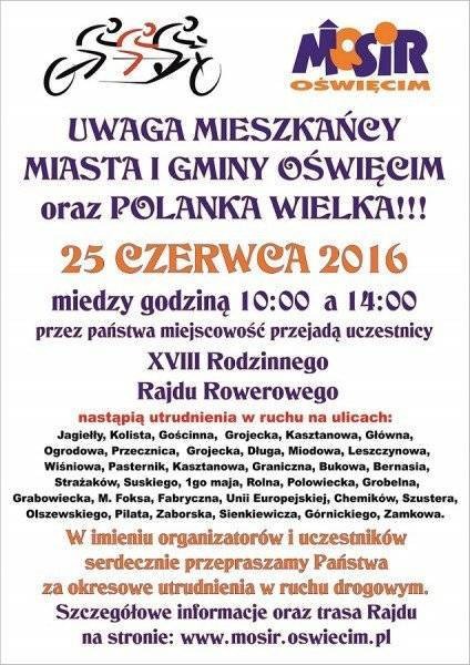 OŚWIĘCIM – POLANKA WIELKA. Rodzinny Rajd Rowerowy już w sobotę. Kierowcy muszą się liczyć z okresowymi utrudnieniami