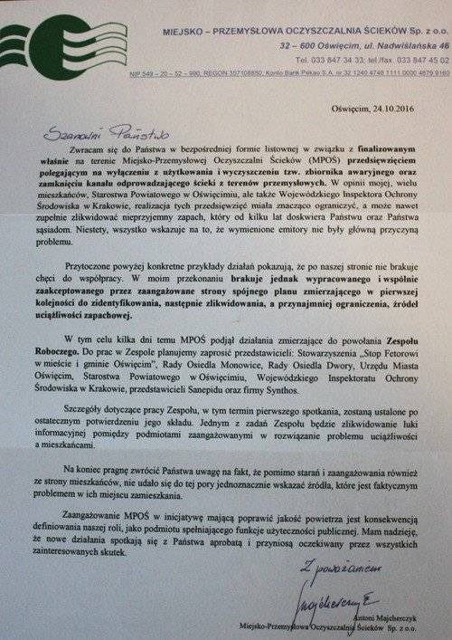 OŚWIĘCIM. Prezes oczyszczalni z listem do mieszkańców Monowic, Dworów, Kruków i Włosienicy