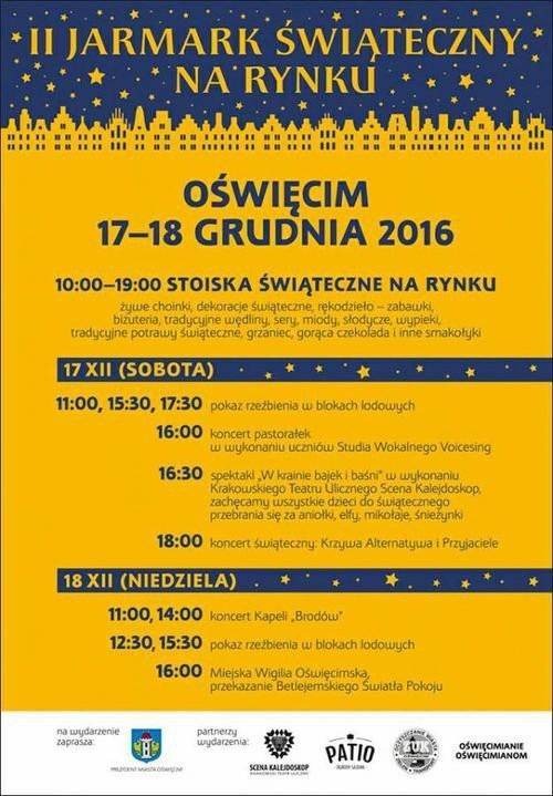 OŚWIĘCIM. Jarmark Świąteczny z mnóstwem atrakcji. Pokaz rzeźbienia w lodzie, uliczny korowód z ogniem, a na koniec miejska Wigilia na Rynku