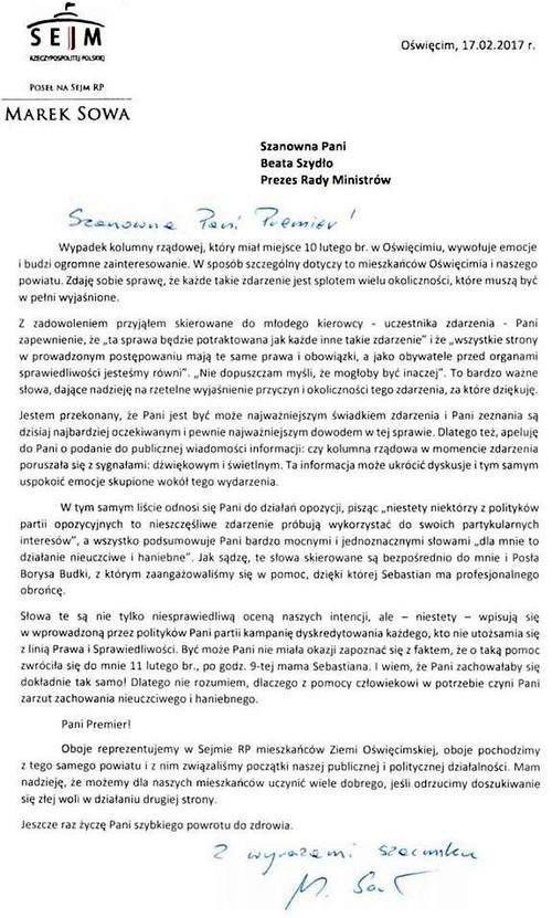 OŚWIĘCIM. Poseł Sowa napisał do pani premier. W liście dziękuje, krytykuje i życzy szybkiego powrotu do zdrowia