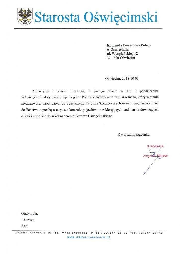 OŚWIĘCIM. Starosta apeluje do Policji o częstsze kontrole autobusów szkolnych