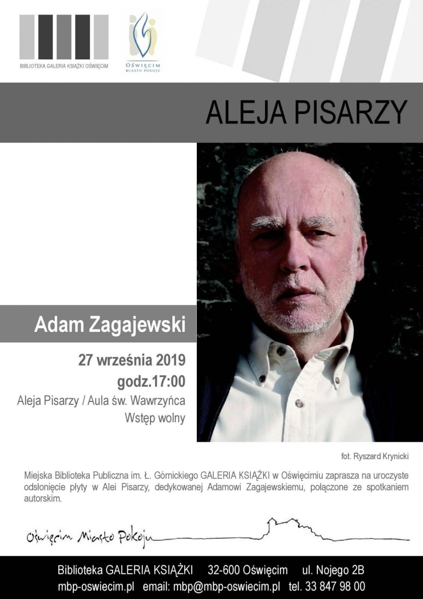 OŚWIĘCIM. Adam Zagajewski odsłoni kolejną tablicę na Alei Pisarzy