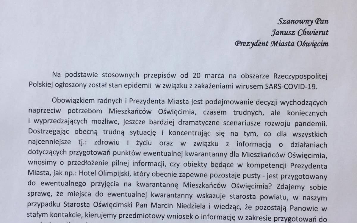 OŚWIĘCIM. Klub Radnych PiS pisze do prezydenta w spawie koronawirusa