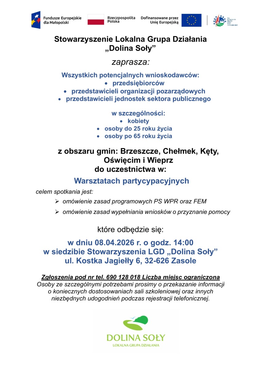 Stowarzyszenie LGD „Dolina Soły” zaprasza na warsztaty partycypacyjne.
