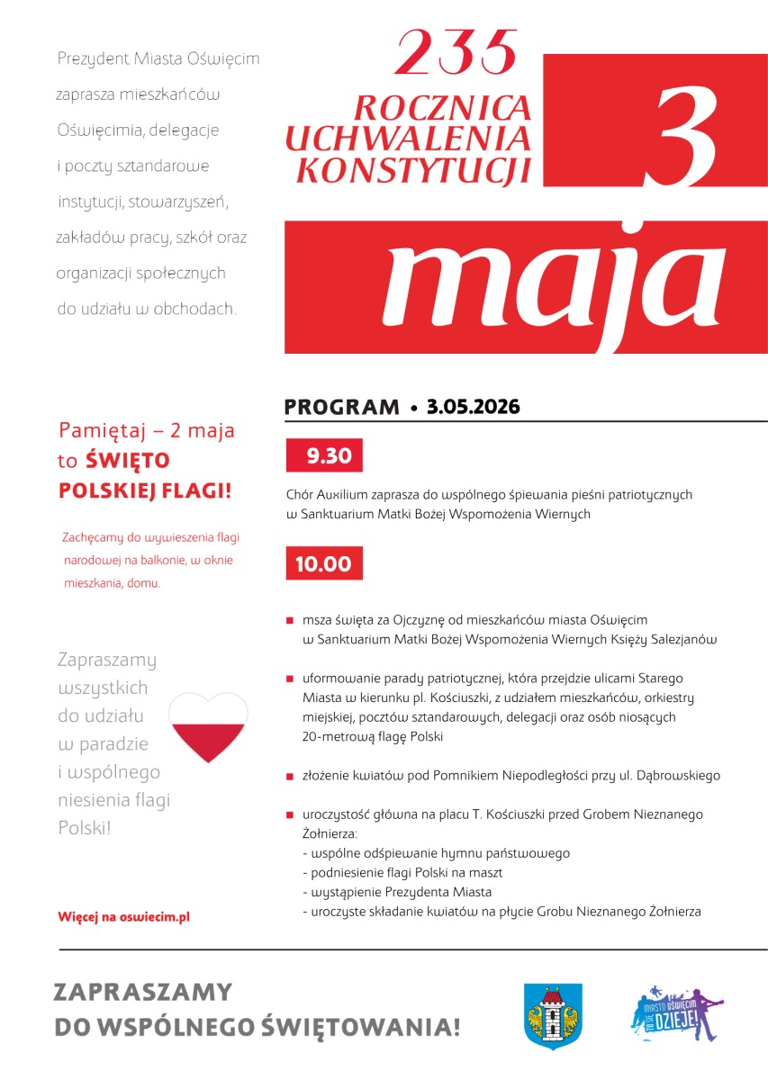Oświęcim uczci 235. rocznicę uchwalenia Konstytucji 3 Maja