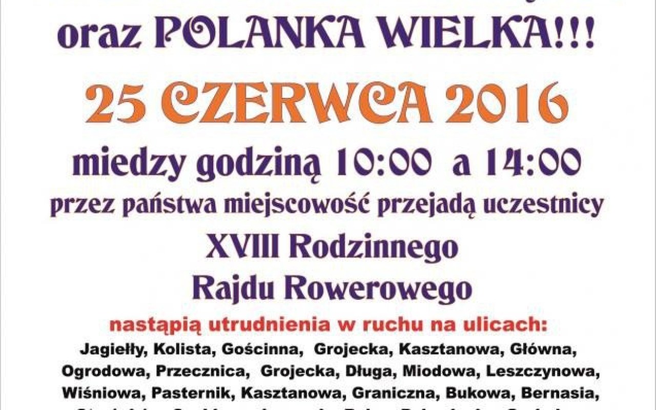 Utrudnienia w ruchu w sobotę od 10 do 14. Uczestnicy Rodzinnego Rajdu Rowerowego pojadą do Polanki Wielkiej