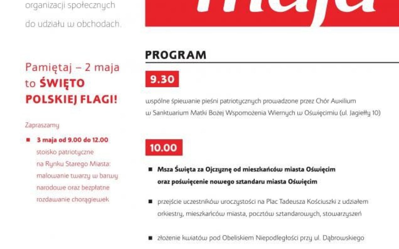 Oświęcim. Zaproszenie do udziału w 226. rocznicy uchwalenia Konstytucji 3 Maja