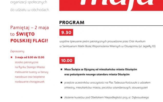 Oświęcim. Zaproszenie do udziału w 226. rocznicy uchwalenia Konstytucji 3 Maja