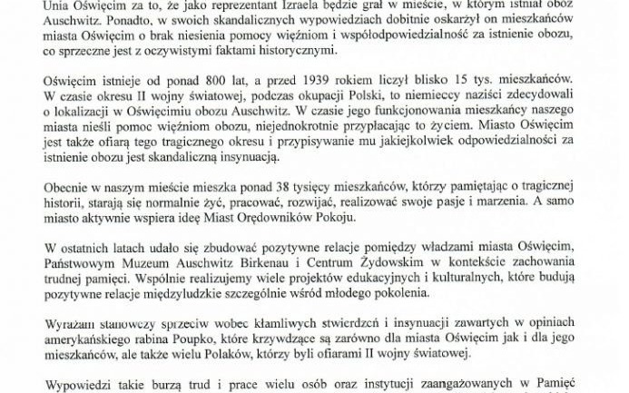 Oświadczenie Prezydenta Miasta Oświęcimia Janusza Chwieruta w związku ze skandalicznymi wypowiedziami amerykańskiego rabina Elchanan Poupko
