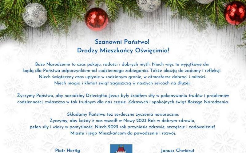 Oświęcim. Życzenia Bożonarodzeniowe dla mieszkańców Oświęcimia
