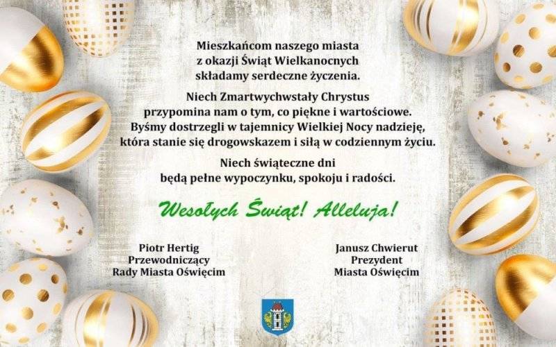 Oświęcim. Wielkanoc 2023. Życzenia świąteczne prezydenta i przewodniczącego Rady Miasta