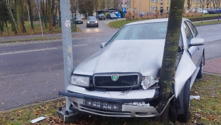 Samochód wypadł z jezdni, a następnie uderzył w latarnię i przydrożne drzewo