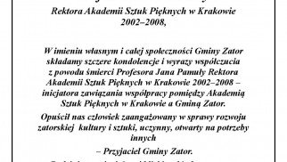 Z głębokim żalem przyjęliśmy wiadomość o śmierci Ś.P.Profesora Jana Pamuły Rektora Akademii Sztuk Pięknych w Krakowie 2002 - 2008