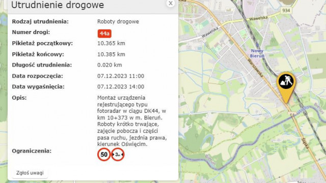 BIERUŃ. Uwaga kierowcy, przed mostem przy ulicy Warszawskiej stanie fotoradar