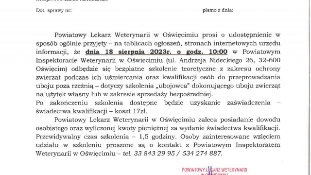 Informacja Powiatowego Lekarza Weterynarii w Oświęcimiu
