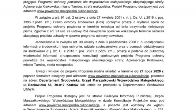Konsultacje społeczne projektu Programu ochrony powietrza dla woj. małopolskiego. Uwagi i wnioski do 27.07.2020 r