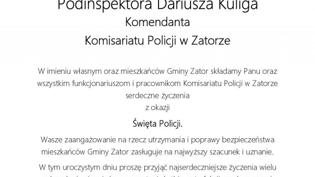 LIST GRATULACYJNY dla Podinspektora Dariusza Kuliga Komendanta Komisariatu Policji w Zatorze