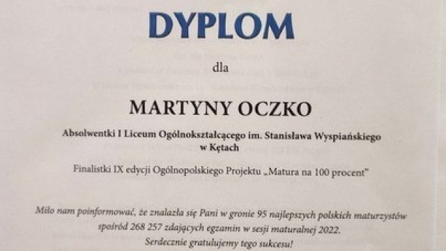 Martyna Oczko z Wyspiana finalistką projektu &quot;Matura na 100 procent&quot;