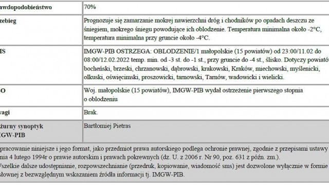 Ostrzeżenie meteorologiczne o oblodzeniu/1