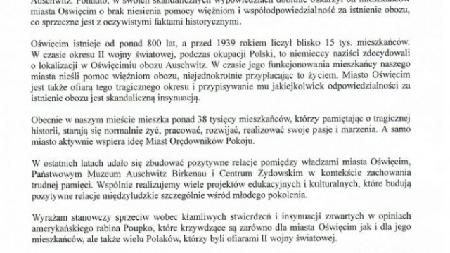 Oświadczenie Prezydenta Miasta Oświęcimia Janusza Chwieruta w związku ze skandalicznymi wypowiedziami amerykańskiego rabina Elchanan Poupko