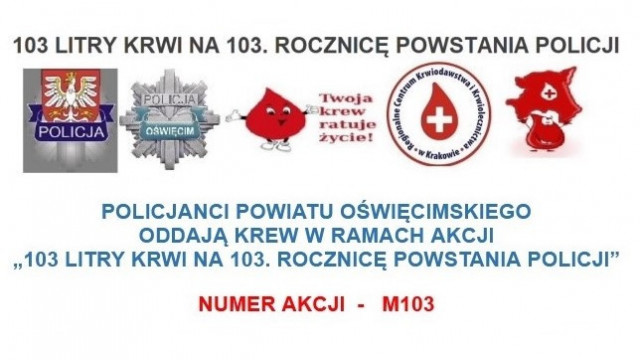 Oświęcim. Policjanci powiatu oświęcimskiego oddają krew w ramach akcji „103 Litry krwi na 103. rocznicę powstania Policji”. Możesz dołączyć do akcji krwiodawstwa